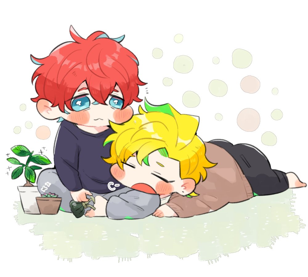 multiple boys 2boys male focus blonde hair red hair blue eyes plant  illustration images