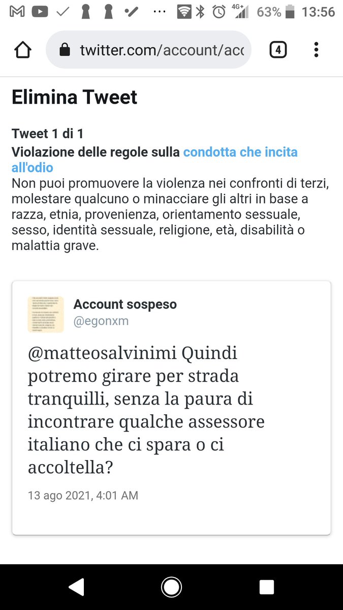 egonxm's tweet photo. Da una parte c'è #Salvini, o qualche suo umpa-lumpa, che non ha niente di meglio da fare che segnalare il mio tweet, dall'altra c'è #Twitter che non ha in organico un solo umano in grado di capire l'ironia, o almeno l'italiano.
Lascio a chi legge ogni altro giudizio. https://t.co/f4fVrw8Dqm