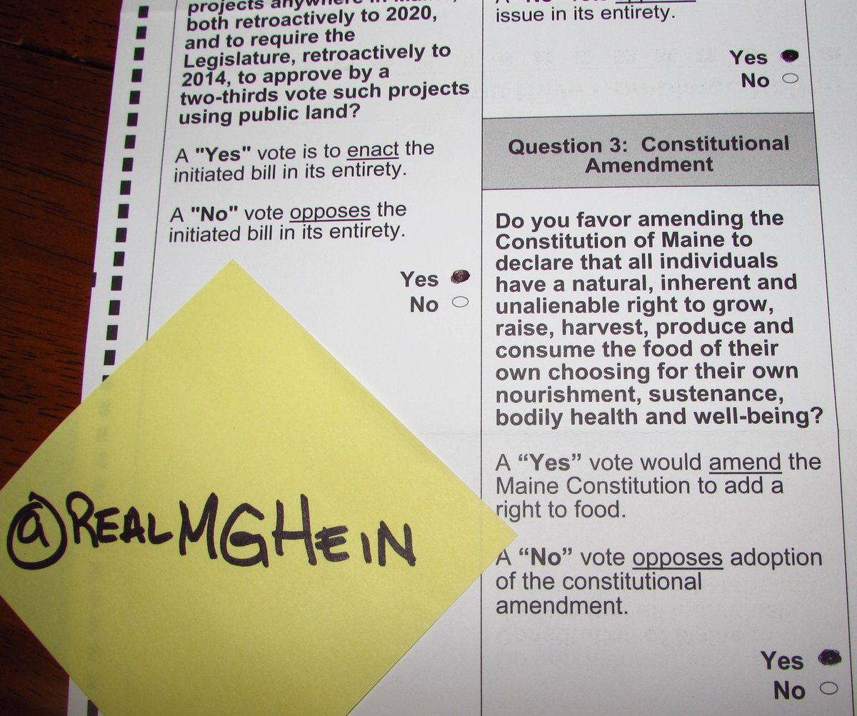 realMGHein's tweet image. I&apos;ve voted (in Maine):

Yes, against the @cmpco corridor; 
Yes, for the bond; 
Yes, for food sovereignty.

#mepolitics @OurPowerMaine @PublicMaine @SethBerry @SenTomSaviello @MaineGreens @MESecOfState @MEforfairlaws @BetsyGarrold @CraigHickman @MaineDOT1 #ReplaceCMP @DSA_Maine