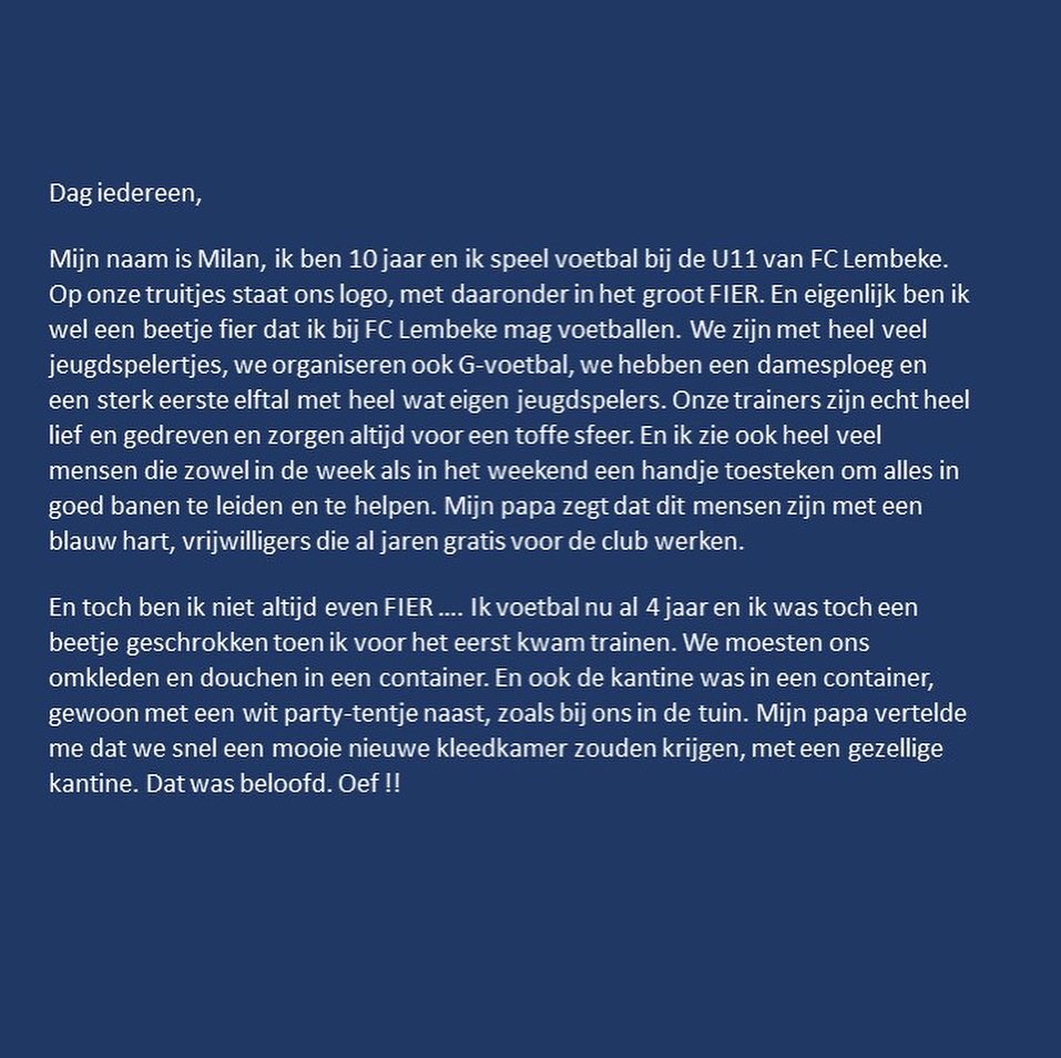 FCLembeke's tweet photo. We ontvingen een brief van Milan die we met jullie willen delen: Grote mensen maken liever ruzie om geld… https://t.co/9psbENhqEw