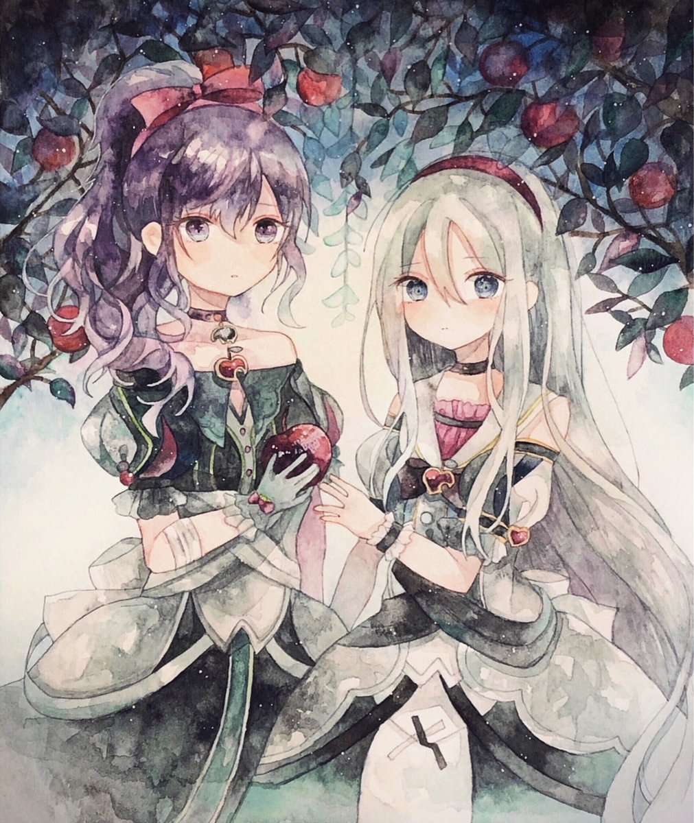 multiple girls 2girls apple food fruit long hair watercolor (medium)  illustration images