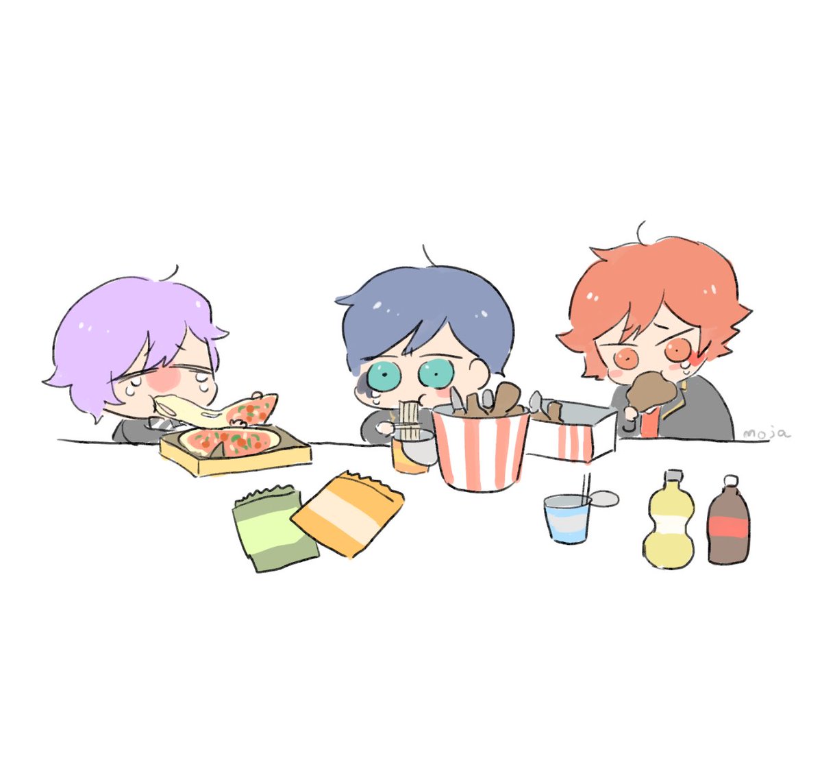 3boys multiple boys food eating male focus red hair blue hair  illustration images