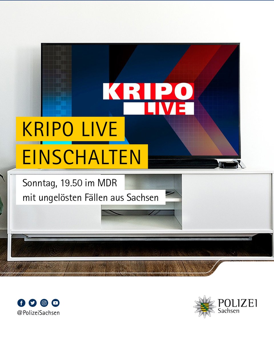 PolizeiSachsen's tweet photo. Heute Abend um 19:50 Uhr kommt im @mdrde wieder #KripoLive.
Unter anderem mit folgenden Fällen:
➡️ einem Vermissten 93-Jähriger aus #Stauchitz, Landkreis #Meißen
➡️ einem Diebstahl in #Görlitz Ortsteil #Hagenwerder
Wir hoffen auf Unterstützung der Zuschauerinnen und Zuschauer. https://t.co/xDzCS6kk6B