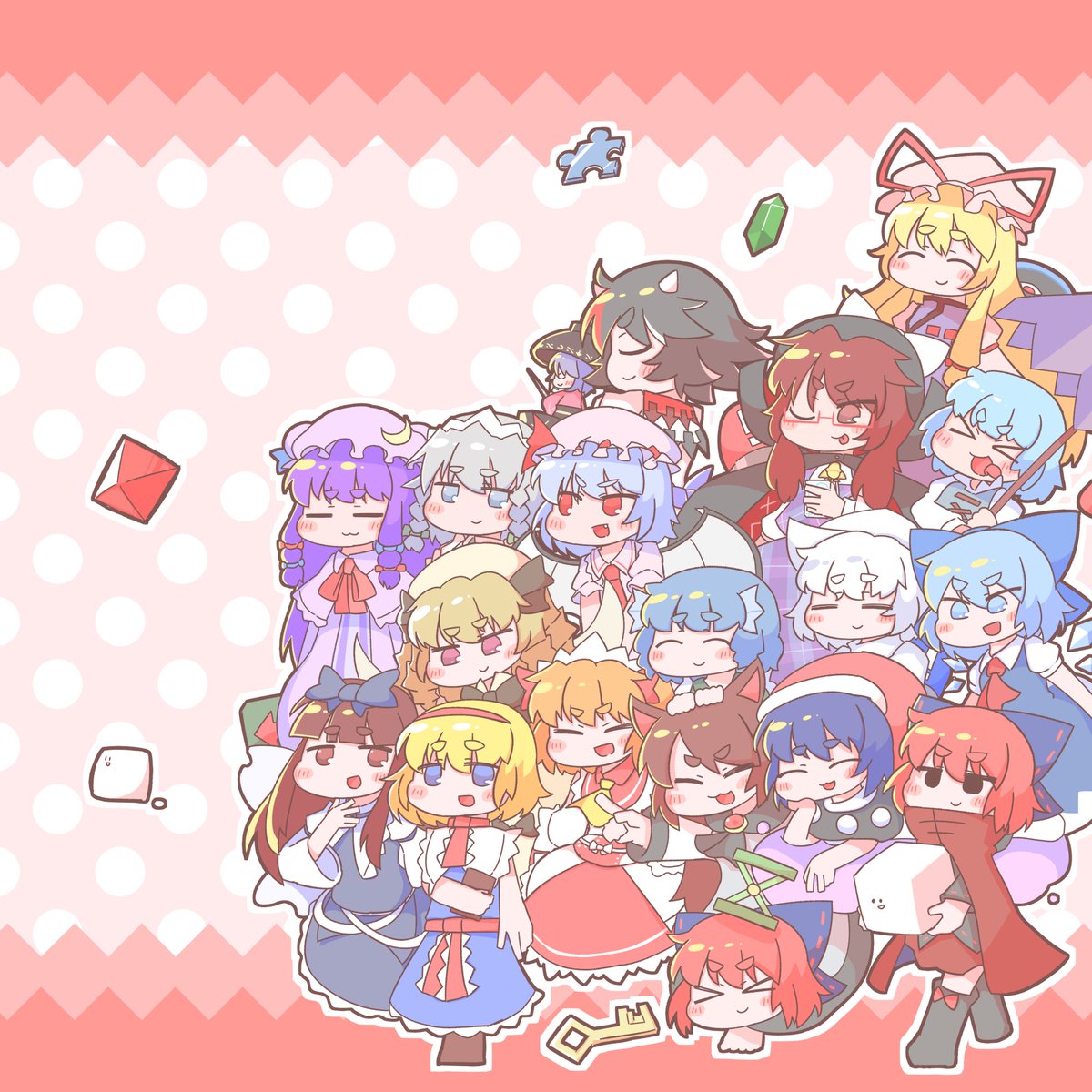 alice margatroid ,cirno ,doremy sweet ,imaizumi kagerou ,kijin seija ,patchouli knowledge ,remilia scarlet ,sekibanki ,wakasagihime multiple girls mob cap 6+girls hat blue hair blonde hair horns  illustration images