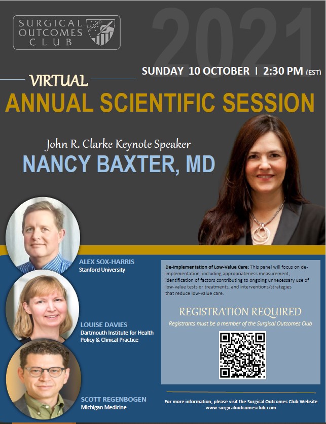 SurgOutcomes's tweet image. @SurgOutcomes 17th Annual Scientific Session is TODAY (10/10) 🕝2:30 - 5 pm (ET)!
We are eager to hear from our Keynote Speaker @enenbee and our expert panel on #deimplementation of low-value care. @SoxHarris @LouiseDaviesMD @scottregenbogen 
 You still have time to register...