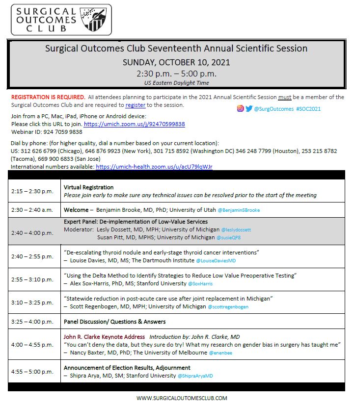 SurgOutcomes's tweet image. @SurgOutcomes 17th Annual Scientific Session is TODAY (10/10) 🕝2:30 - 5 pm (ET)!
We are eager to hear from our Keynote Speaker @enenbee and our expert panel on #deimplementation of low-value care. @SoxHarris @LouiseDaviesMD @scottregenbogen 
 You still have time to register...