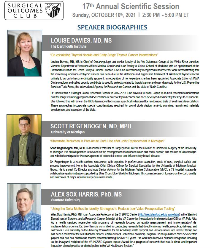 SurgOutcomes's tweet image. @SurgOutcomes 17th Annual Scientific Session is TODAY (10/10) 🕝2:30 - 5 pm (ET)!
We are eager to hear from our Keynote Speaker @enenbee and our expert panel on #deimplementation of low-value care. @SoxHarris @LouiseDaviesMD @scottregenbogen 
 You still have time to register...