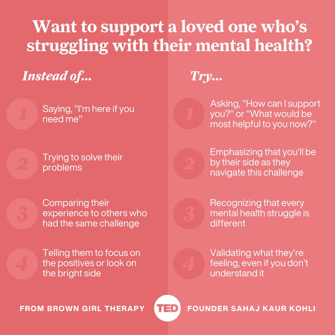 TEDTalks's tweet image. Want to support a friend or family member who's dealing with mental health issues — but don't know what to do or say? 

Here are some tips from @SahajKohli that will allow you to show up for them in a way that's helpful and empathic: t.ted.com/HrETmfx #WorldMentalHealthDay