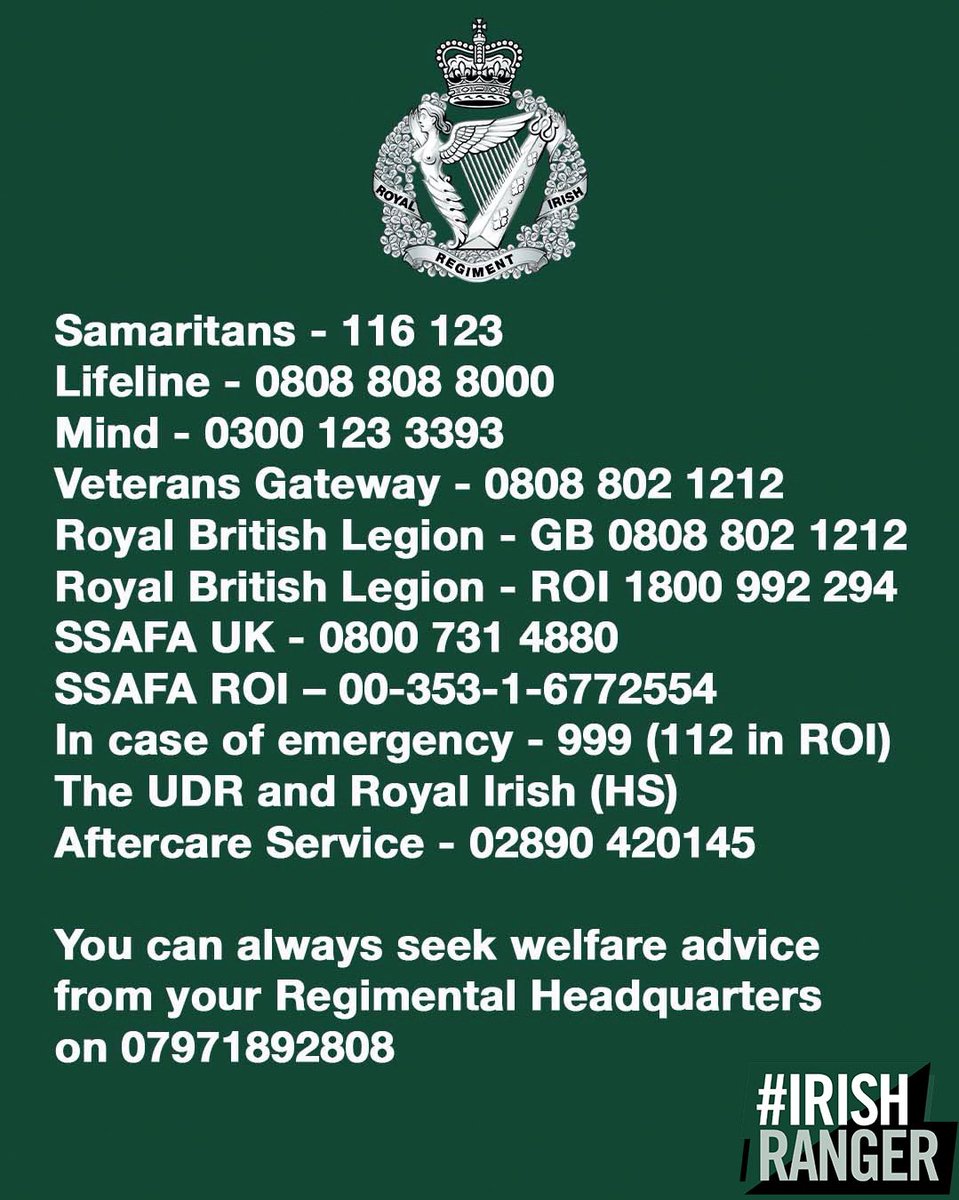 This #worldmentalhealthday we are encouraging you to pick up the phone and ask for help or reach out to your comrades; it could make all the difference. 
If you or someone you know is in need of help, please use the list of useful contacts below 
#RegimentalFamily 
#IRISHRANGER