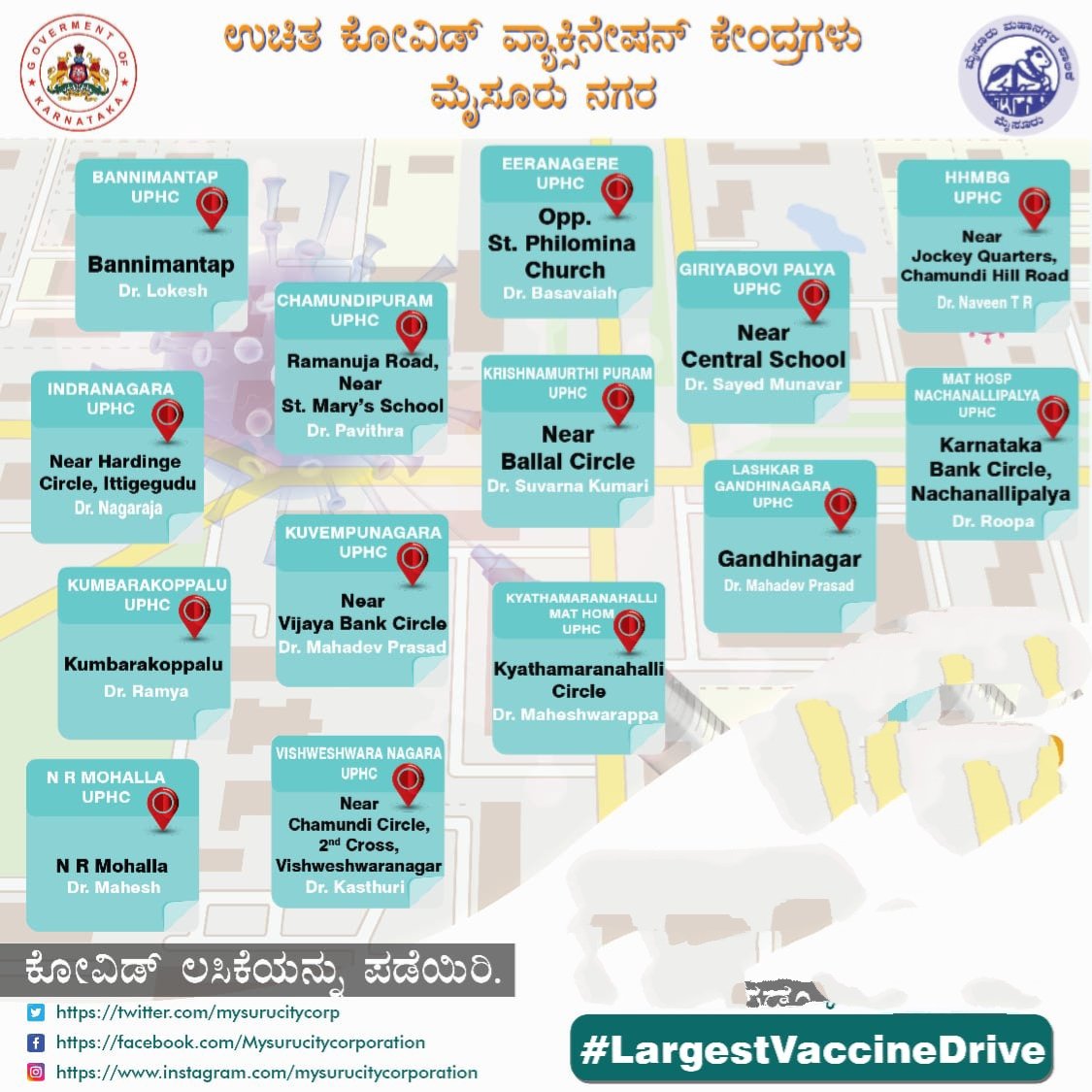 mysurucitycorp's tweet photo. ಸಾರ್ವಜನಿಕರ ಗಮನಕ್ಕೆ

ನಗರಾಧ್ಯಂತ ಉಚಿತ ಕೋವಿಡ್ ಲಸಿಕೆ ಮೇಳಾ ನಡೆಯುತ್ತಿದ್ದು, ನಗರದ ಎಲ್ಲಾ ಪ್ರಾಥಮಿಕ ಆರೋಗ್ಯ ಕೇಂದ್ರಗಳಲ್ಲಿ ಕೋವಿಡ್ ಲಸಿಕೆ ಲಭ್ಯವಿದ್ದು, ಸಕಾಲದಲ್ಲಿ ಲಸಿಕೆ ಪಡೆದು ಸಂಪೂರ್ಣ ಸುರಕ್ಷತೆ ಪಡೆಯಿರಿ.

ಸಮಯ: ಬೆ-9 ರಿಂದ ಸ-5ರವರೆಗೆ

#MCCAtYourService 
#MysuruDasara2021  
#LargestVaccineDrive 
#Mysuru https://t.co/ALFPigsEsa