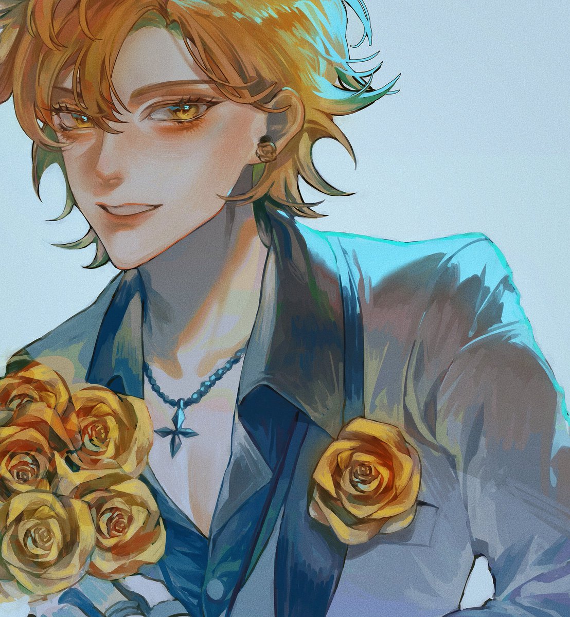 1boy male focus flower jewelry solo rose necklace  illustration images