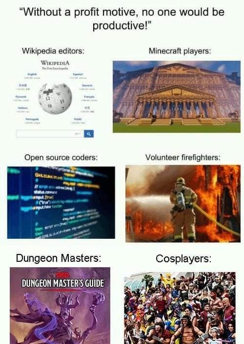 lisaschibelius's tweet photo. "Without a profit motive, no one would be productive!"
Exhibit A thru X: OpenSource software developers, Wikipedia editors, volunteer firefighters, cosplayers, grad students...
#OpenSource #humanityoverprofits https://t.co/YpjbPW36uW