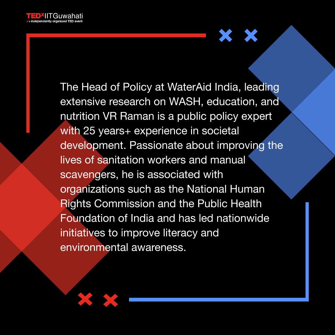 tedxiitg's tweet photo. Presenting our first TEDx Studio speaker,
@weareraman
VR Raman, Head of Policy, WaterAid India.
He talks about the harsh reality faced by the community of manual scavengers.
Stay tuned for the talk release!
#tedx #tedxstudio #community #ideasworthspreading #tedxiitguwahatistudio https://t.co/dWzcvB4rqA