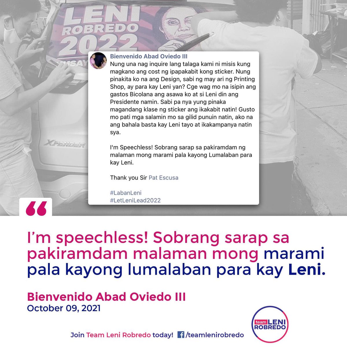 buildpilipinas's tweet photo. Basahin ang post ni Bienvenido Abad Oviedo III, simpleng karanasan sa printing shop, pero matindi ang mensaheng ipinararating: Hindi tayo nag-iisa, tayo ang lakas ng isa’t isa. At gaya nga ng sinabi ni Leni, ‘tumindig kayo, tinitiyak ko, mayroon ding titindig sa tabi ninyo.” 💪💖 https://t.co/1E4odoxo0k