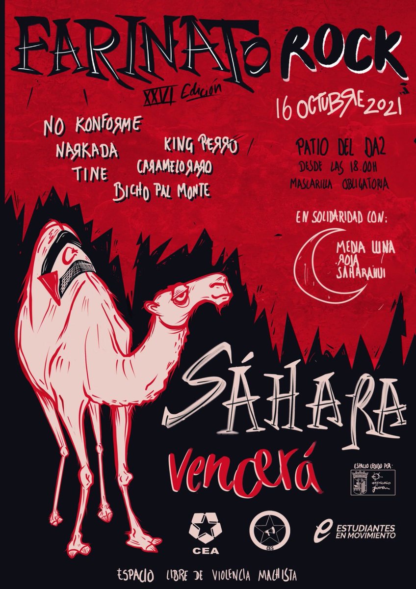 MoviendoArena's tweet photo. Nos vemos en el Farinato Rock el sábado 16 de octubre en Salamanca ✊🏽🇪🇭
Si estás interesado en la historia del Sáhara Occidental acude a visitar el puesto de Moviendo Arena y sus carteles 🔎
+Info: @FarinatoRock
#SaharaLibre
#FarinatoRock
#Moviendomontonesdearena https://t.co/GflOjkbukf