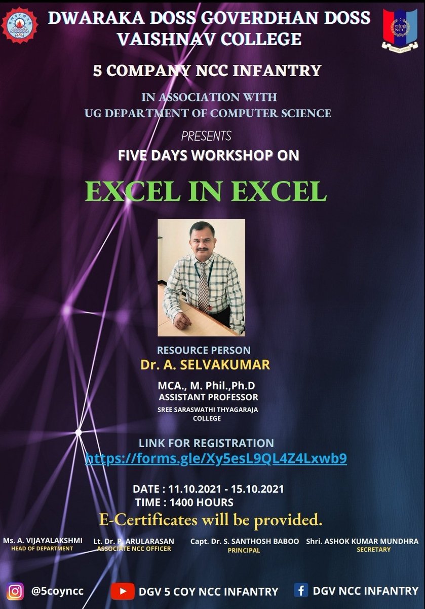 dgvnccinfantry's tweet photo. We the cadets of 5 COY NCC INFANTRY organises a informative workshop on EXCEL IN EXCEL.
Google meet link :
https://t.co/9tLCVhsqka
Registration Link :
https://t.co/i7HrCSfYS7
#DGNCC #JS2021 https://t.co/fALYAxzlLr