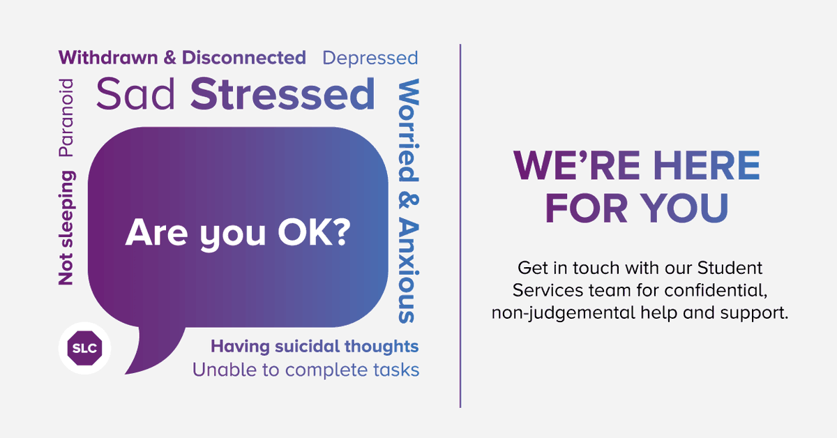 SLCek's tweet photo. You deserve to be happy 💜
💬 We’re here for you. Talk to our Student Services team if you’re concerned about yourself or a loved one.
📞 01355 807780
✉️ student.support@slc.ac.uk
→ https://t.co/7mID3axqjZ
#SLCsupport | #WorldMentalHealthDay | #WMHD https://t.co/OdBH62yovR