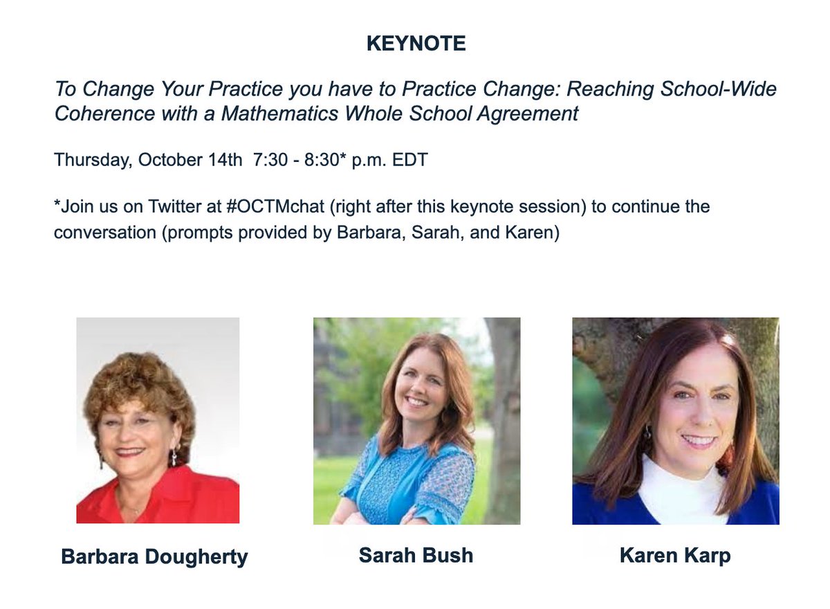 Ohio Council of Teachers of Mathematics (@ohioctm) on Twitter photo Another Keynote of the #OCTM2021 Conference is tomorrow! Tune in to <a href="/sarahbush/">sarah christan</a>, <a href="/ksquaredmath1/">karen Karp</a>, & Barbara Dougherty Keynote on To Change Your Practice You Have to Practice Change tmrw from 7:30-8:30pm EST!
It's not too late to register for the conference: ohioctm.org/event-4366447 Another Keynote of the #OCTM2021 Conference is tomorrow! Tune in to <a href="/sarahbush/">sarah christan</a>, <a href="/ksquaredmath1/">karen Karp</a>, & Barbara Dougherty Keynote on To Change Your Practice You Have to Practice Change tmrw from 7:30-8:30pm EST!
It's not too late to register for the conference: ohioctm.org/event-4366447