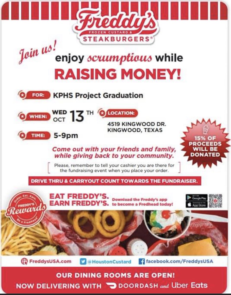 Looks like a busy week ahead.  Wednesday dinner at Freddy’s will help you out!  Mention KPHS Project Grad at checkout <a href="/HumbleISD_KPHS/">Kingwood Park HS</a> #Classof2022 💚🖤💚