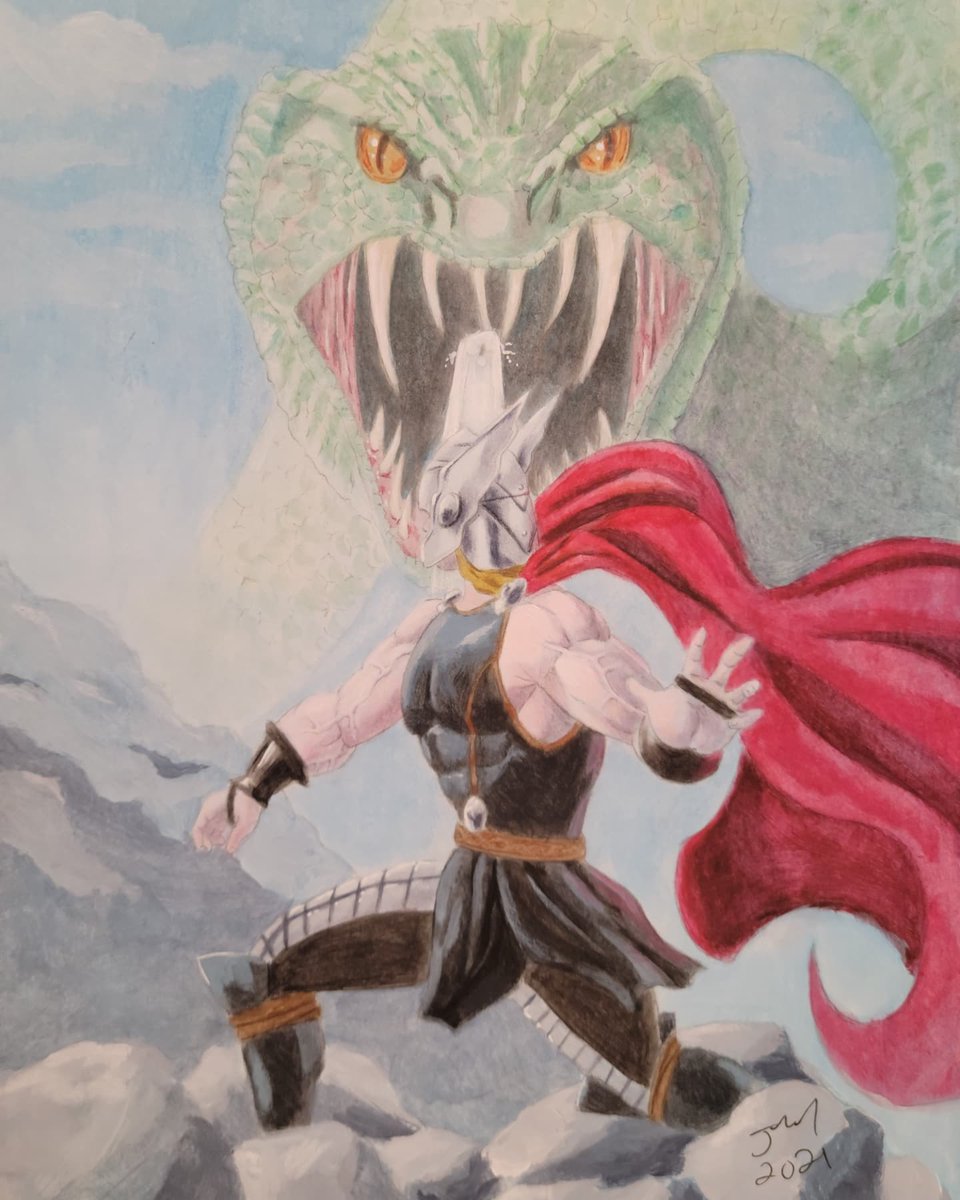 Thor. Jormungandr. Ragnarok. Acrylics and pencils. https://t.co/pphIpfDPWe