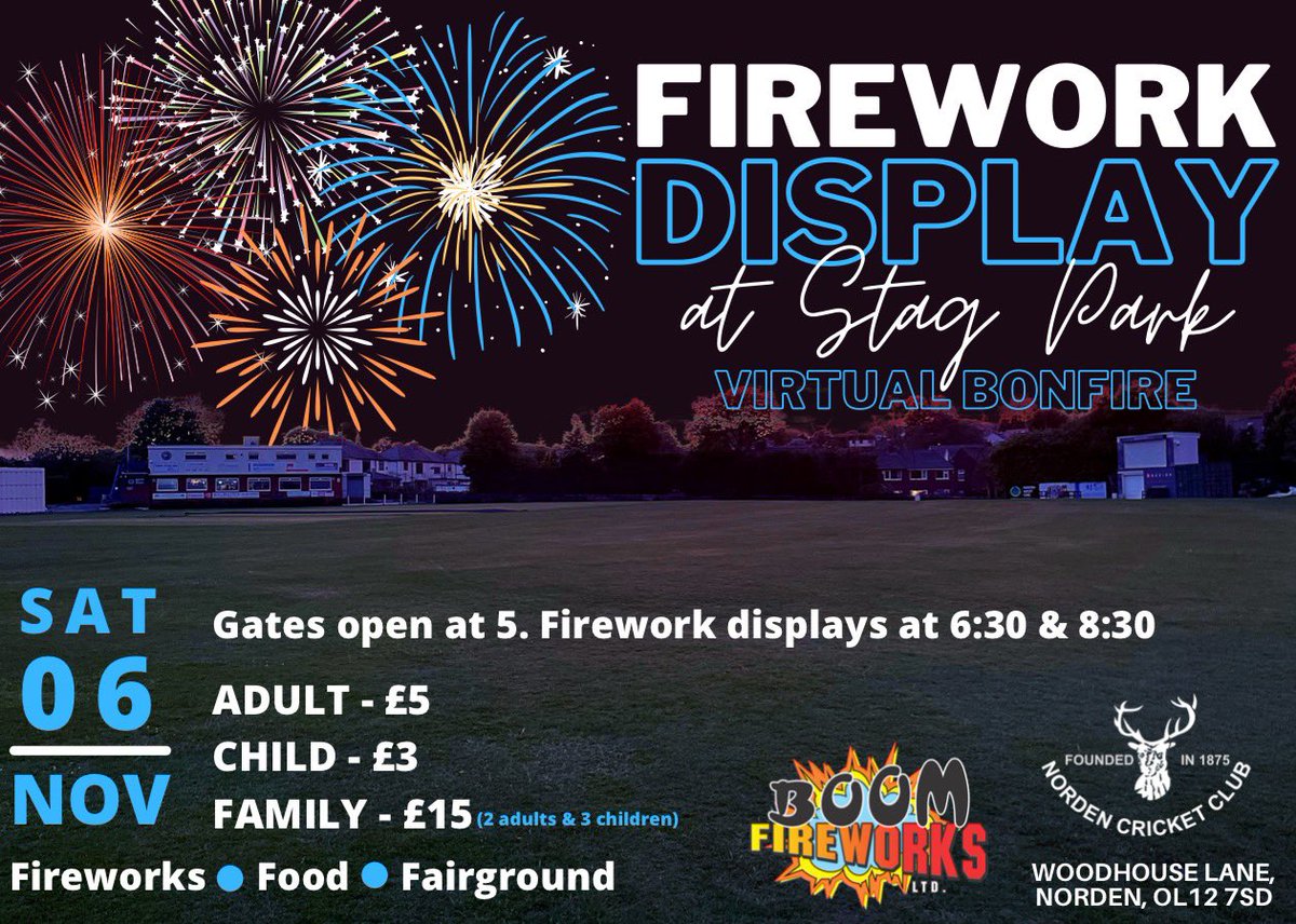 🚨Save the date - Sat 6th Nov 🚨

We’re pleased to tell everyone that Rochdale’s best Fireworks display is back!! 👉 nordencricketclub.co.uk/latest-news/fi…

You can buy your tickets on-line 👉 buytickets.at/nordencricketc…