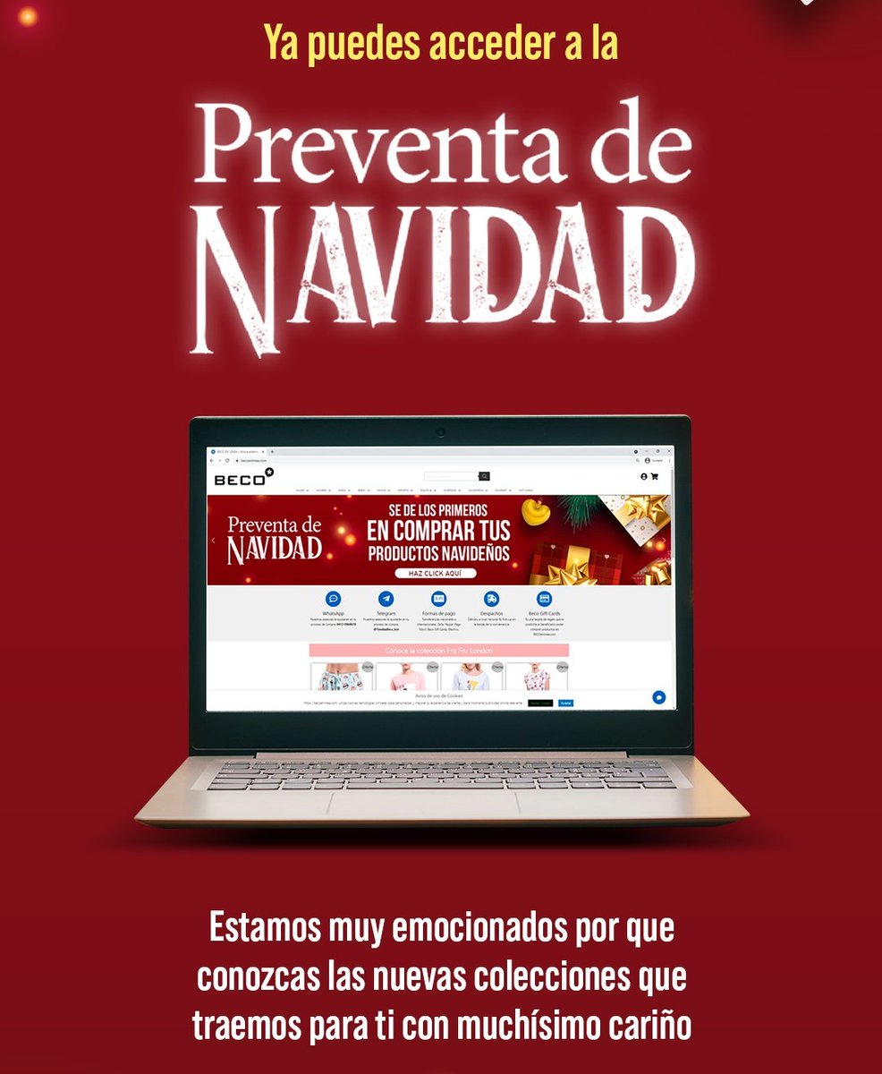 ¡La preventa de Navidad online ya está aqui! 🎅✨

Se de los primeros en conocer nuestras nuevas colecciones 🤩 y compra tus favoritos con delivery gratis a toda Venezuela 🎄

bit.ly/becopreventa