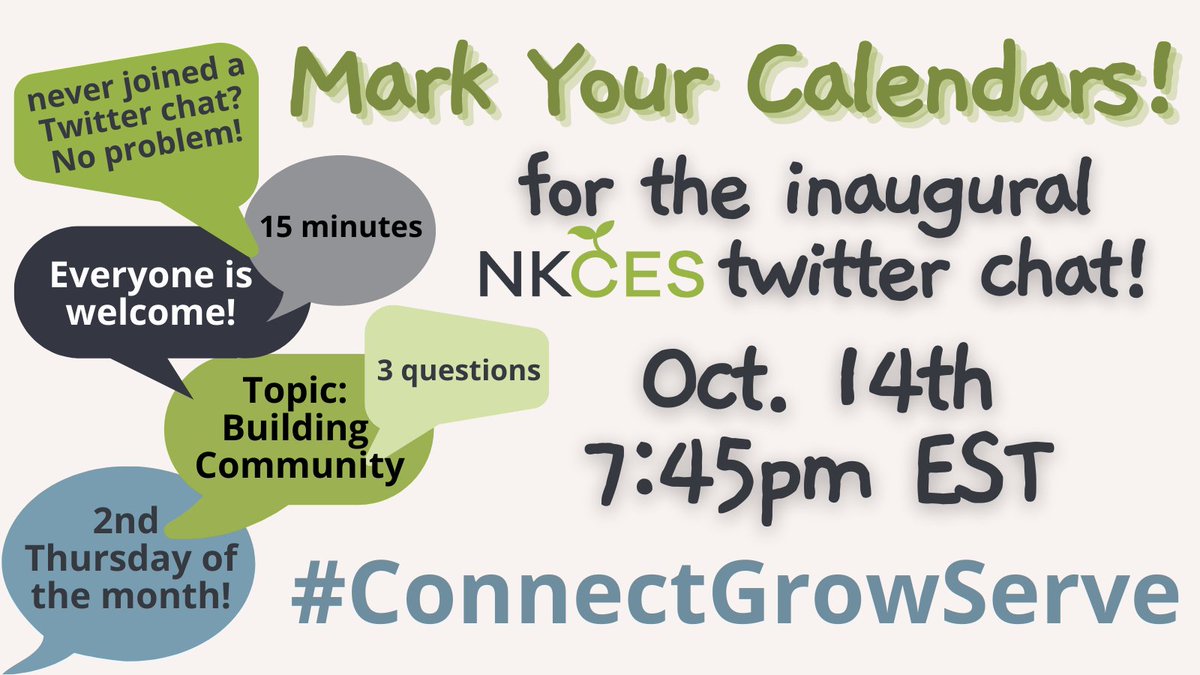 NKCESKids1st's tweet photo. 🤩We are so excited!!!!🤩
Mark your calendars for the inaugural NKCES twitter chat!!
🗨️Thurs, Oct. 14th
💬7:45 - 8:00pm EST
🗨️Topic: Building Community
💬Stay tuned all week for more details!
#ConnectGrowServe #StrongTogether #BuildingCommunity #LetsDoThis #PassItOn https://t.co/k6DOmvG6H0