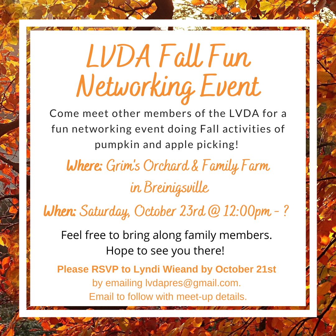 EatRightLV's tweet photo. Attention LVDA members! 🚨

We’re having a fall fun networking event at Grim’s Orchard on Saturday, October 23rd! 🎃🍎

Please RSVP to Lyndi by emailing lvdapres@gmail.com by 10/21! https://t.co/LfOzNgkR43