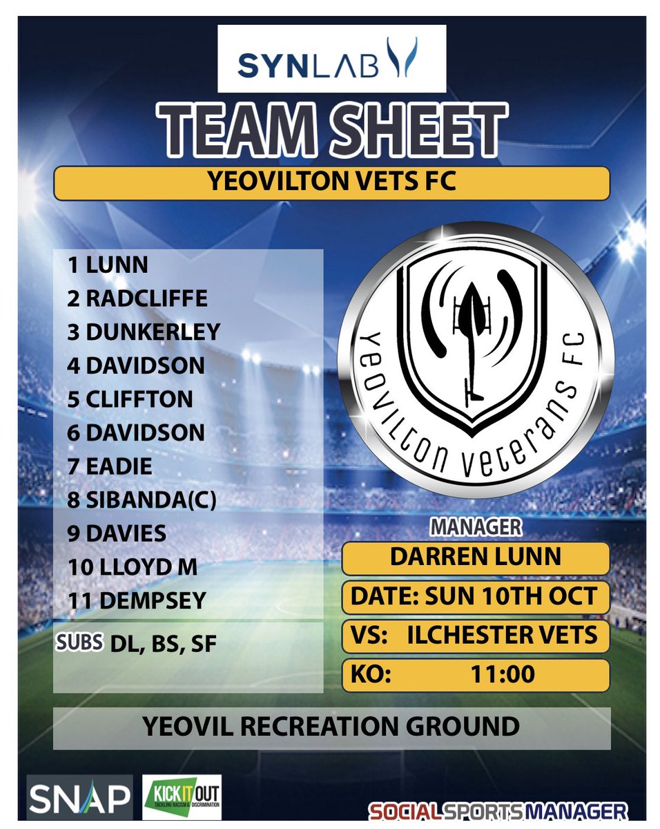 YeoviltonVetsFC's tweet photo. Today’s team sheet. 3 debutants today as our squad continues to grow and get stronger. #yvfc #SYNLAB #whites #vets #legends #over35s #letsgetthewin https://t.co/27C6QBAa19