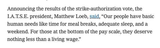 60,000 workers are threatening to strike because Hollywood's status quo is broken for so many workers 

12- &amp; 14-hour days are common &amp; 20-hr days aren't unheard of. Studios can opt to pay paltry “meal penalties” to workers rather than give a lunch break 
nytimes.com/2021/10/08/opi…