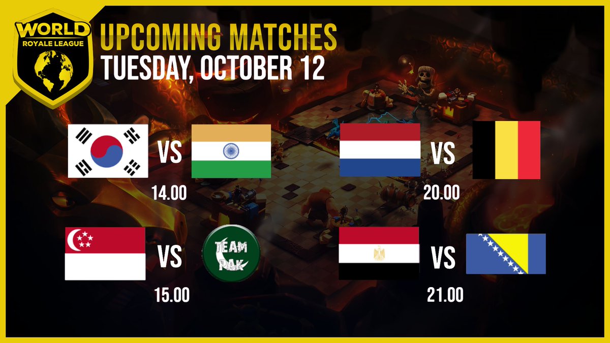 World Royale League (@worldleaguecr) on Twitter photo 📅Upcoming Matches Tuesday October 12th
All Match Times in CEST
🕑14:00 🇰🇷 <a href="/Team_Korea_CR/">Team Korea CR</a> vs <a href="/CRIndia_Team/">Team India CR</a>🇮🇳
🕑15:00 🇸🇬 <a href="/TeamSG_CR/">Singapore Slayers</a> vs @TeamPakCR🇵🇰
🕑20:00 🇳🇱 <a href="/NetherlandsCR/">Team NL</a> vs <a href="/TeamBelgium_CR/">Team Belgium</a>🇧🇪
🕑21:00 🇪🇬 <a href="/TeamEgyptGG/">Team Egypt 🇪🇬</a> vs <a href="/BiHCR_/">Team Bosnia</a>🇧🇦 📅Upcoming Matches Tuesday October 12th
All Match Times in CEST
🕑14:00 🇰🇷 <a href="/Team_Korea_CR/">Team Korea CR</a> vs <a href="/CRIndia_Team/">Team India CR</a>🇮🇳
🕑15:00 🇸🇬 <a href="/TeamSG_CR/">Singapore Slayers</a> vs @TeamPakCR🇵🇰
🕑20:00 🇳🇱 <a href="/NetherlandsCR/">Team NL</a> vs <a href="/TeamBelgium_CR/">Team Belgium</a>🇧🇪
🕑21:00 🇪🇬 <a href="/TeamEgyptGG/">Team Egypt 🇪🇬</a> vs <a href="/BiHCR_/">Team Bosnia</a>🇧🇦