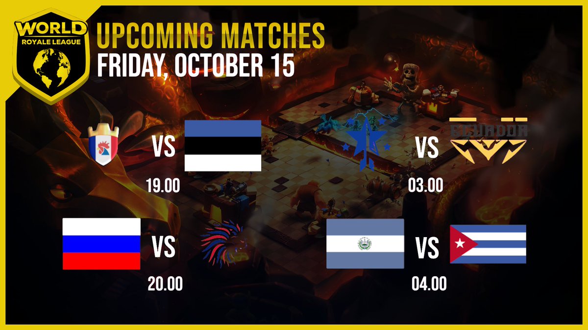World Royale League (@worldleaguecr) on Twitter photo 📅Upcoming Matches Friday October 15th
All Match Times in CEST
🕑19:00 🇫🇷 <a href="/TeamFranceCR/">Équipe de France ⭐</a> vs <a href="/teamestoniacr/">Team Estonia CR</a>🇪🇪
🕑20:00 🇷🇺 <a href="/TeamRussiaWP/">Team Russia</a> vs <a href="/TeamUK_CR/">Team UK</a>🇬🇧
🕑03:00 🇭🇳 <a href="/SelHondurasCR/">Team Honduras</a> vs <a href="/EcuadorCR_/">Selección de Ecuador CR</a>🇪🇨
🕑04:00 🇸🇻 <a href="/ElSalvador_CR/">Selección de El Salvador CR</a> vs <a href="/equipocuba_cr/">Selección Cubana 🇨🇺 de Clash Royale</a>🇨🇺 📅Upcoming Matches Friday October 15th
All Match Times in CEST
🕑19:00 🇫🇷 <a href="/TeamFranceCR/">Équipe de France ⭐</a> vs <a href="/teamestoniacr/">Team Estonia CR</a>🇪🇪
🕑20:00 🇷🇺 <a href="/TeamRussiaWP/">Team Russia</a> vs <a href="/TeamUK_CR/">Team UK</a>🇬🇧
🕑03:00 🇭🇳 <a href="/SelHondurasCR/">Team Honduras</a> vs <a href="/EcuadorCR_/">Selección de Ecuador CR</a>🇪🇨
🕑04:00 🇸🇻 <a href="/ElSalvador_CR/">Selección de El Salvador CR</a> vs <a href="/equipocuba_cr/">Selección Cubana 🇨🇺 de Clash Royale</a>🇨🇺