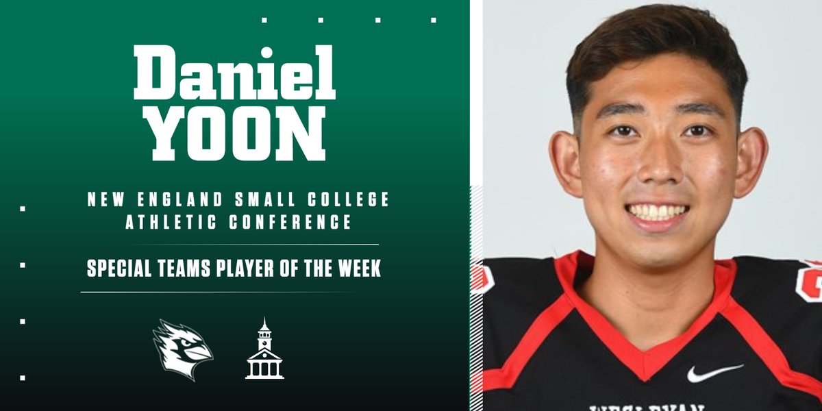 NESCAC's tweet photo. FB | NESCAC Week 4 Players of the Week

Offensive: Andrew Boel, @GoUBears
Defensive: Spencer Adams, @BatesSports
Special Teams: Daniel Yoon, @wes_athletics

> https://t.co/FHhEkCpfdQ

#NESCAC | #d3fb https://t.co/rOApPvfRzr
