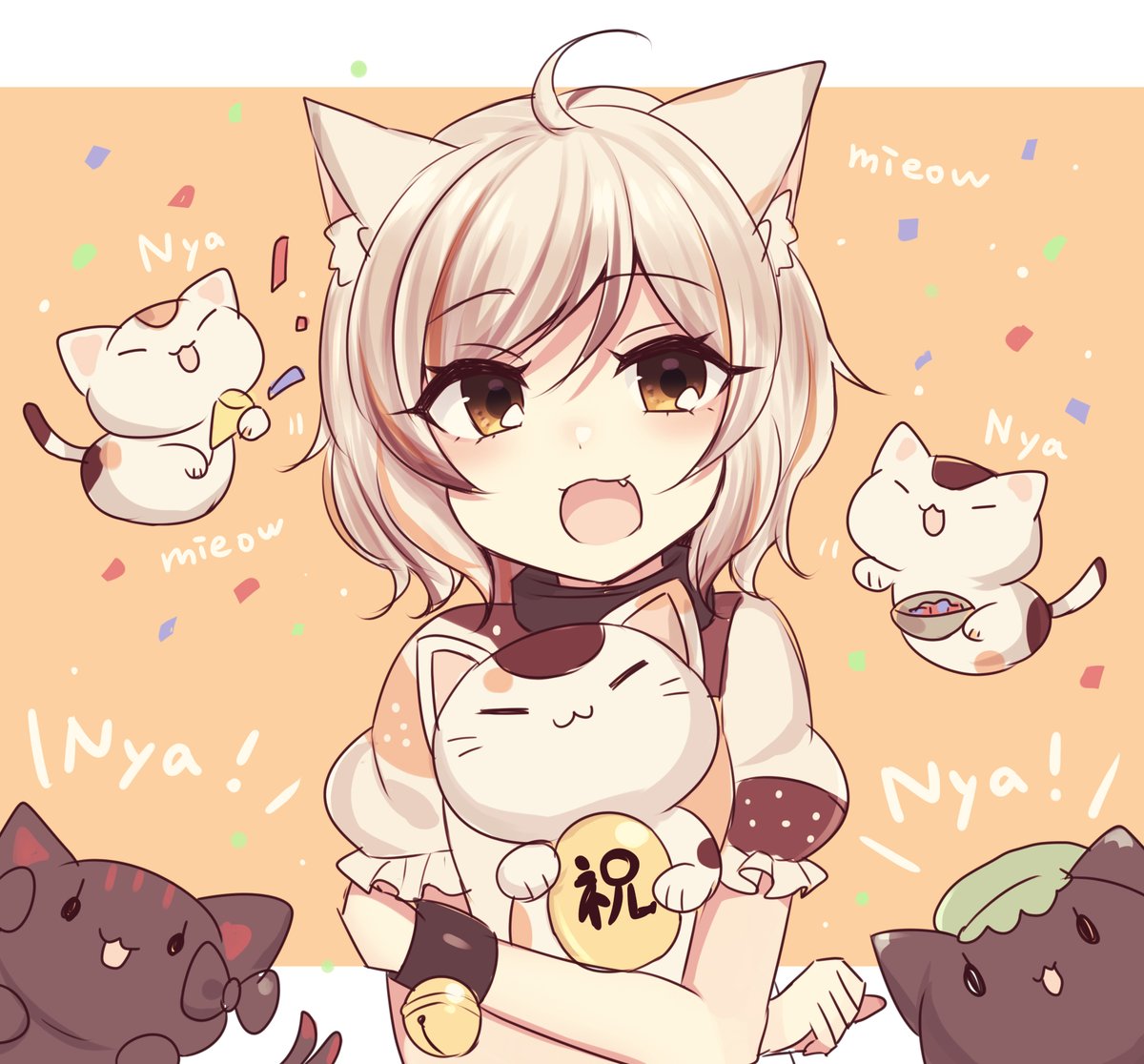 animal ears cat ears confetti 1girl bell open mouth fang  illustration images