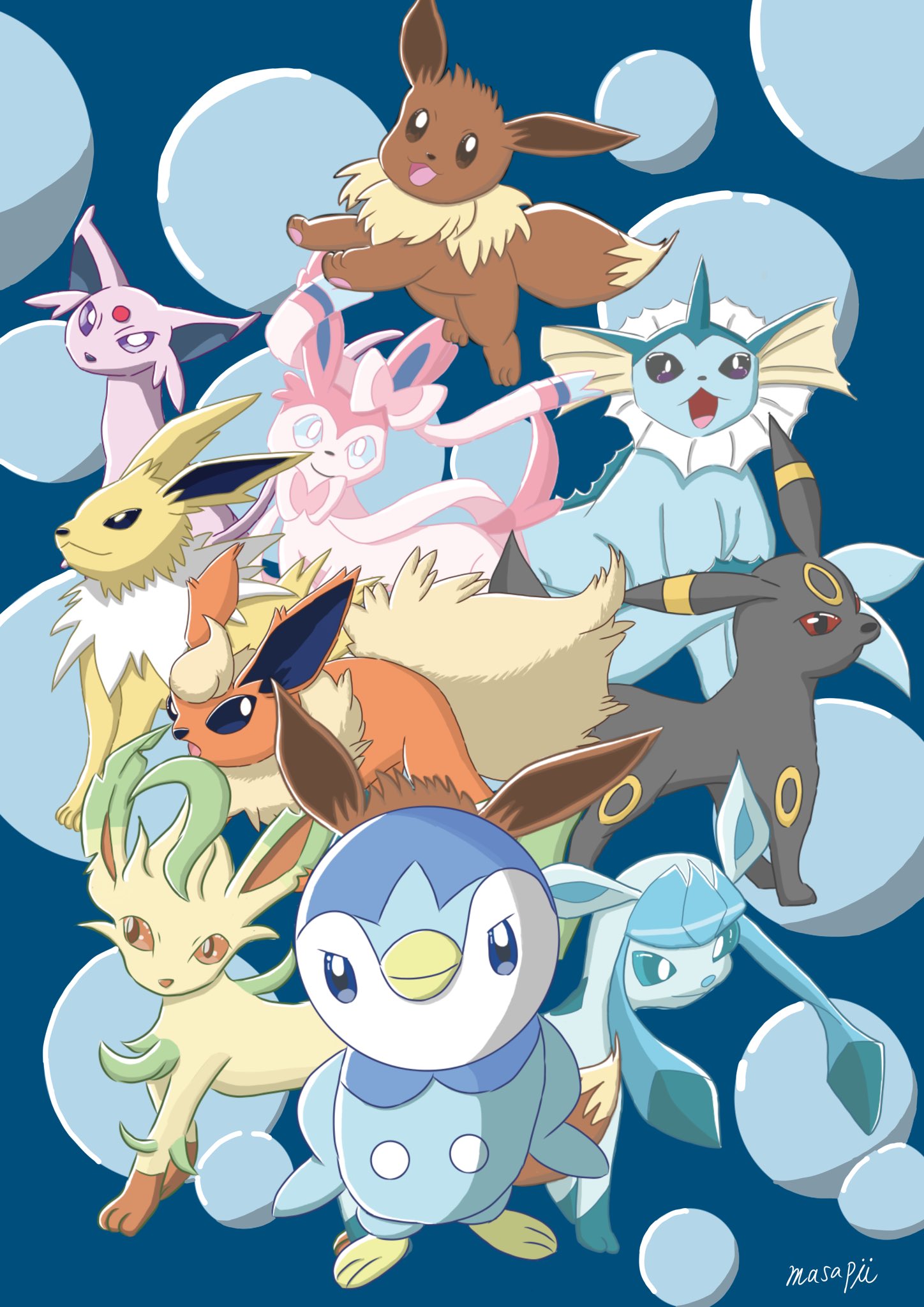 まさぴぃ ポッチャマがイーブイズに潜入してみた リーダーとしてやる気いっぱいのポッチャマ イーブイになりきってます 笑 進化系含めて9体描くのは大変だった ポチャポチャアートフェス イーブイ プロジェクトポッチャマ プロジェクトイーブイ