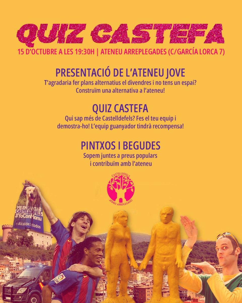 SomArreplegades's tweet photo. 💯Divendres 15 d'octubre, PRESENTACIÓ DE L'ATENEU JOVE!!!
✌🏽Vine al QUIZ CASTEFA, fes el teu equip i demostra com de bé coneixes Castelldefels!
Hi haurà pintxos i begudes a preus populars.
🔝Rula-ho!
#quiz #castefa https://t.co/ZZ85fKRaks