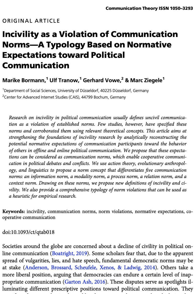 <a href="/CivilityCrisis/">A Crisis of Civility?</a> being cited as scholars continue to push what we even mean when we think about civility and incivility in political communication. In this article, it's literally the reference in the first line. 

cc: <a href="/rgboatright3/">Robert Boatright</a>, <a href="/dannagal/">Dr. Danna Young🇺🇸✌🏻</a>, <a href="/sobieraj/">Sarah Sobieraj</a> 

academic.oup.com/ct/advance-art…