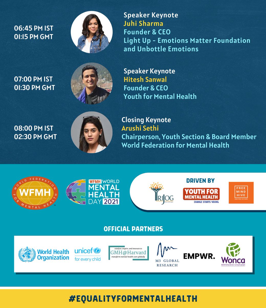 Our Global Youth Conclave'21 is now streaming on WHFMH Facebook as part of our Global Campaign 2021 recognizing World Mental Health Day Swipe to learn more about the Digital Messages, Presentations and Speaker Keynotes of October 10 Know more at wmhd2021.com #WMHD2021