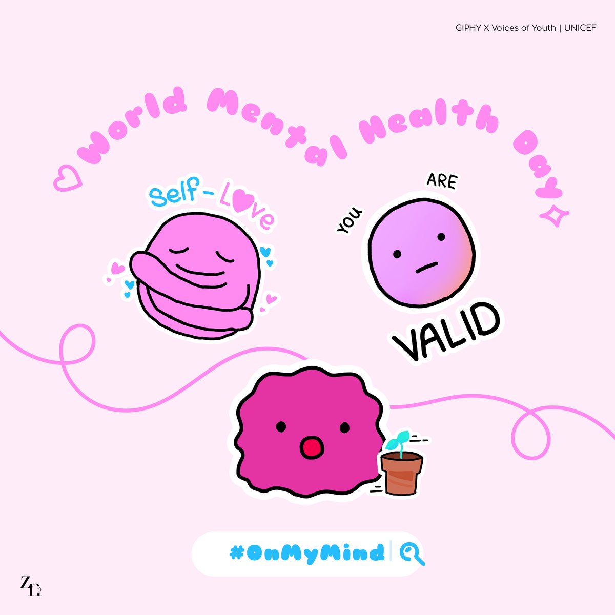 zinnosphere's tweet photo. My works at GIPHY!  #WorldMentalHealthDay

A few weeks ago, I participated in @voicesofyouth  by 
@UNICEF, &amp; met with amazing mentors from 
@GIPHY. I created a series of stickers to help break the stigma around mental health. To use these, find #OnMyMind in GIPHY #YouthMediathon https://t.co/m21cAY9iIQ