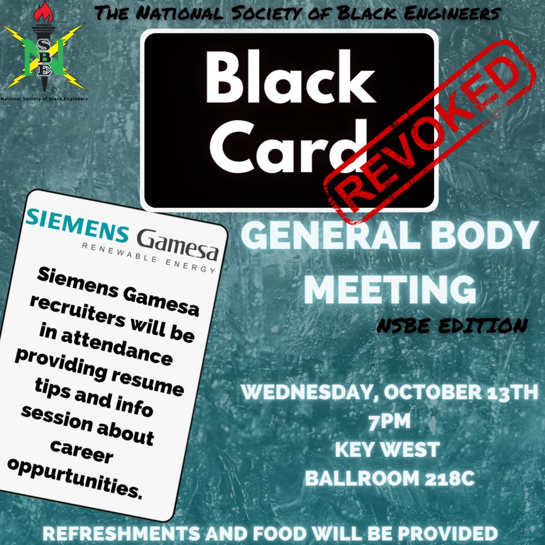 NSBEUCF's tweet photo. Join us NSBE-UCF⚡️for our third General Body Meeting, Wednesday, October 13th, 2021 at 7 PM. Snacks will be provided, you don’t want to miss out!⚔️ See you there🤝 https://t.co/dNVMEljOGU