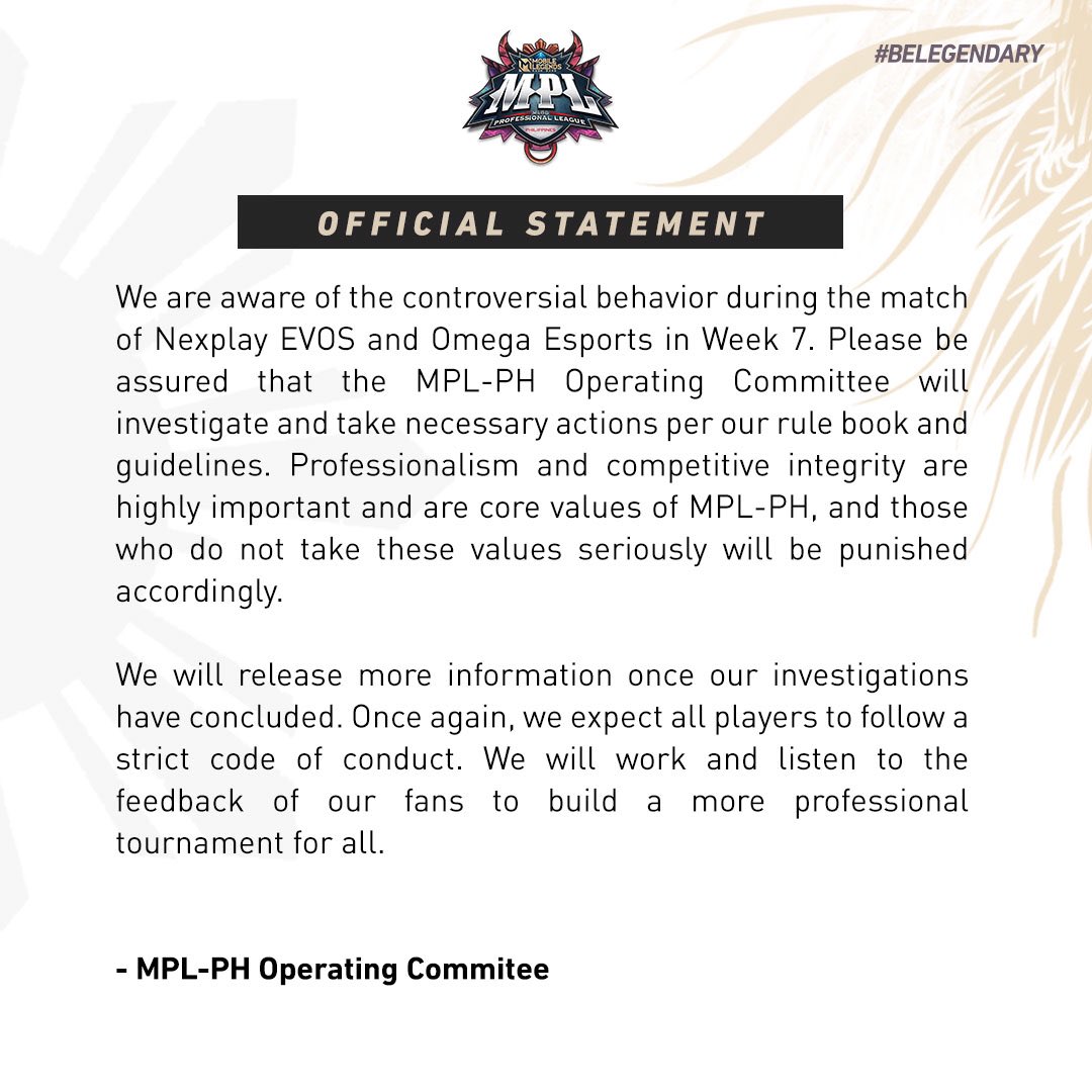 MPLPhilippines's tweet photo. OFFICIAL STATEMENT of MPL-PH Operating Committee on Week 7 Day 3 Match of NXPE and OMG https://t.co/vvqItBq3YR