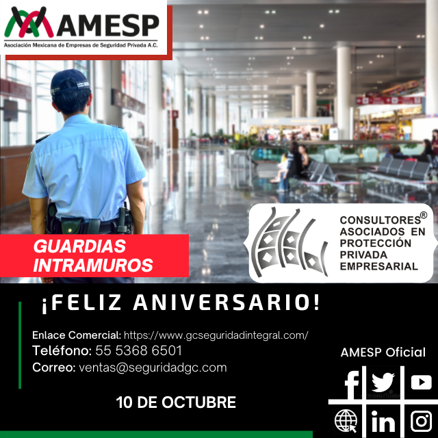 AMESP_oficial's tweet photo. La #AMESP se complace en felicitar a su Asociado Adherente #CAPPESA hoy en su Aniversario.
Uno de los servicios que presta es el de "Guardias Intramuros"
#Felicidades #ConsultoresAsociadosEnProtecciónPrivadaEmpresarial
#SoyAMESP #FuerzaAMESP #UnidosPorUnMéxicoSeguro https://t.co/N54d2cfJGf