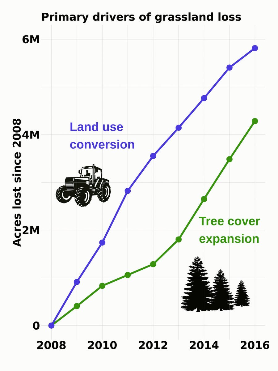 What are the two primary drivers of grassland loss in the Great Plains? Conversion of native range to cropland is the largest, followed closely by woodland expansion. That's why we're focusing on these two threats over the next five years. Learn more: buff.ly/3x8dfmZ