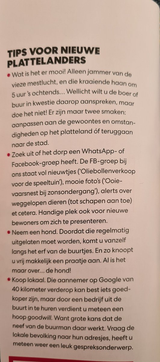 huubfransen's tweet photo. Goede tips in @telegraaf voor stedelingen die verhuizen naar platteland. Ik vind de eerste de beste en 4 is ook goed https://t.co/USuvilao4H