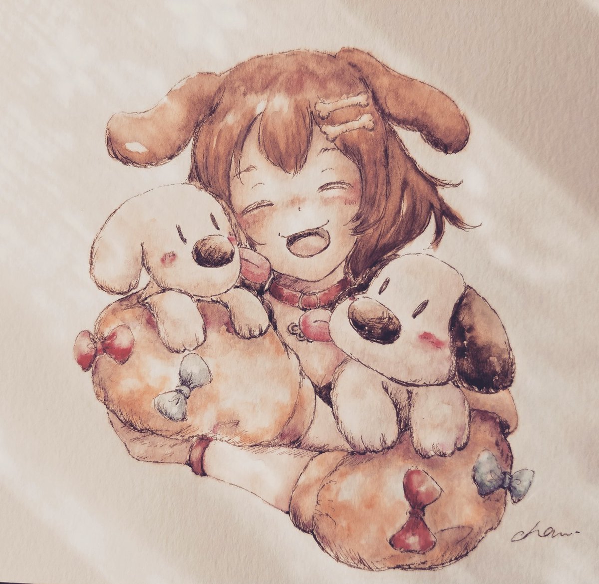 inugami korone 1girl hair ornament bone hair ornament dog ears animal ears brown hair closed eyes  illustration images