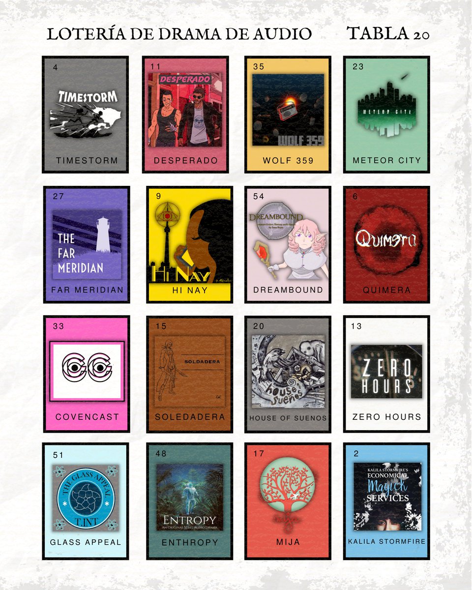 Happy #audiodramasunday 

We wanted to remind you that EVERY month is #LatinxHeritageMonth and our stories deserved to be heard, so we made it a little easier for you to do so---with a game! 🇵🇷🇲🇽🇨🇺🇩🇴🇨🇴🇧🇷🇨🇱

Audiodrama Loteria! 

28 incredible Latinx ADs to listen to &amp; support!