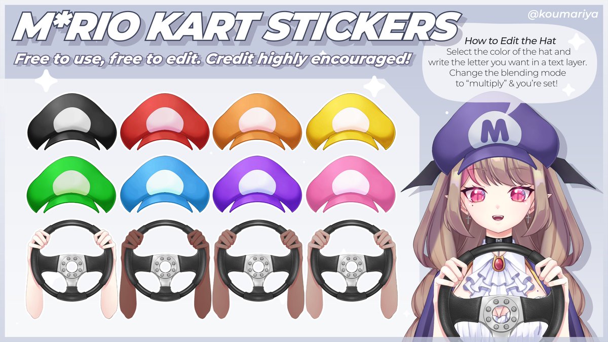 【Free #VTuber Asset】
Mario Kart Hat &amp; Steering Wheel Stickers! 

ㅤㅤFeel free to use &amp; edit! 💜✨
ㅤㅤCredit highly encouraged &amp; RTs are appreciated
ㅤㅤDownload➡️ ko-fi.com/s/2f3659fe3d

#VtuberAssets #フリー素材 #Vtuber素材 #VTubeStudio #VTuberAssets #VTuberAsset