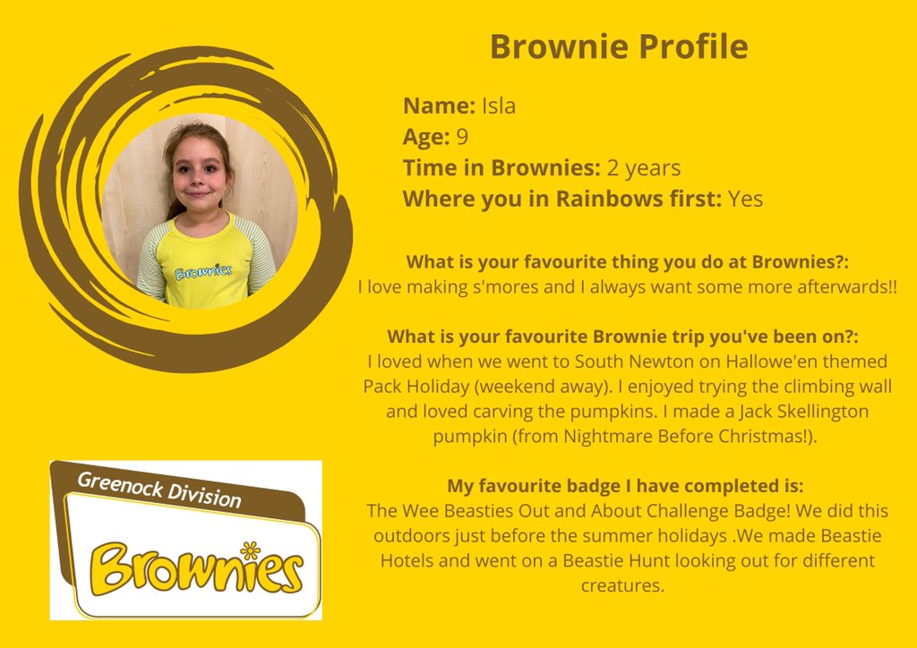 GGGrnckDivision's tweet photo. Recently our young members have been asking our Volunteers some questions about their experiences! 🌟 We thought it was time our Volunteers had shot of asking the questions! 🤣

Meet Isla 🤩 A local Brownie that is sharing some of her favourite things about Brownies! 🥳💛 https://t.co/ChyZRDWJa2