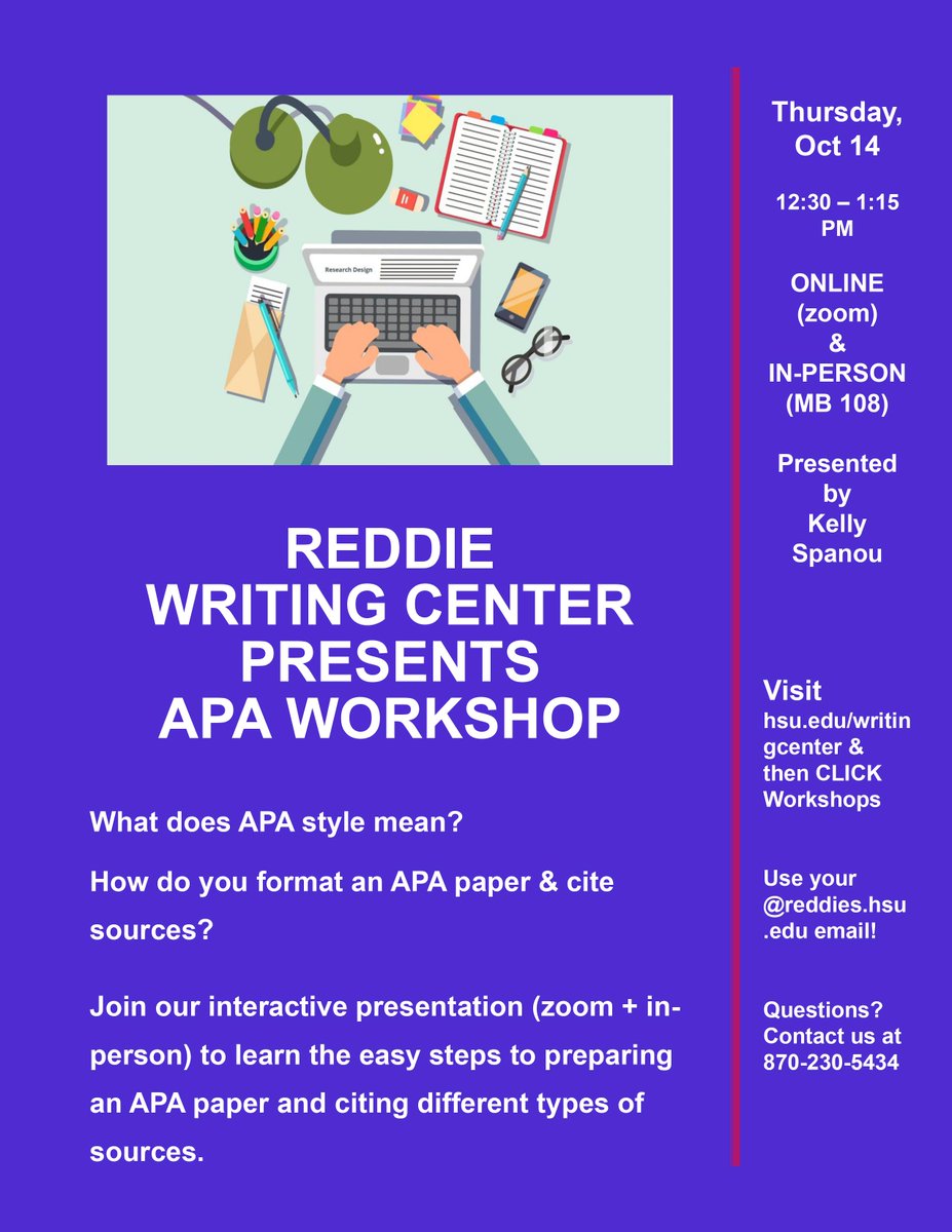 ReddieWC's tweet photo. Reddie Writing Center is organizing a workshop on APA style on Thursday, Oct 14 at 12:30. Click here to sign up online: https://t.co/bQa88uhCkc https://t.co/oyNxRmpzUU