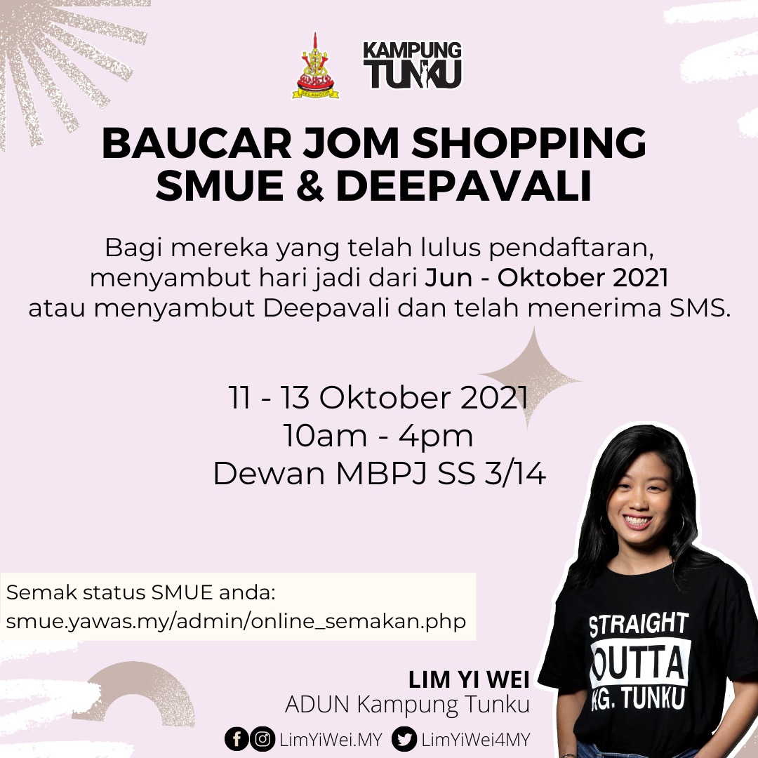 amuyo_tomoko's tweet photo. DUN Kampung Tunku - Deepavali &amp; SMUE Jom Shopping vouchers will be available for collection starting TOMORROW 😊

Harap maklum untuk mendapatkan baucer SMUE Jom Shopping &amp; Deepavali bermula ESOK ☺️

#StraightOuttaKgTunku #SMUE https://t.co/4vR9Xn3lDx
